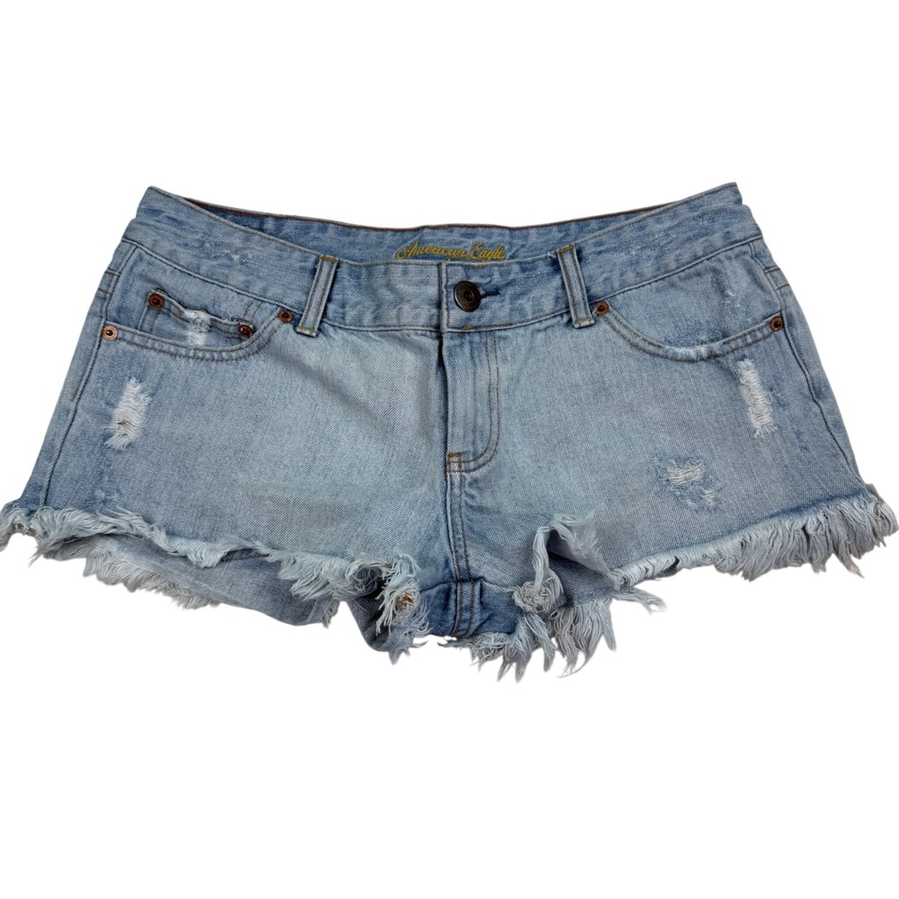 VTG Y2K American Eagle Distressed Denim Micro Mini Shorts Light Sz 8 Low Rise 2"